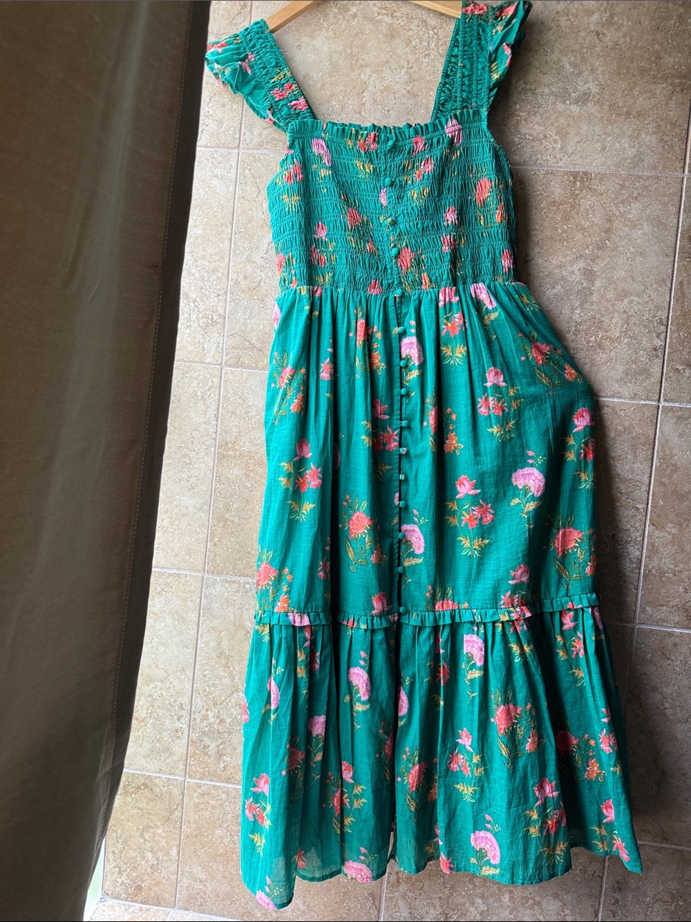Anthropologie Peregrine Square Neck Midi Dress Pockets Smocked Flounce Teal Pink - Picture 2 of 16